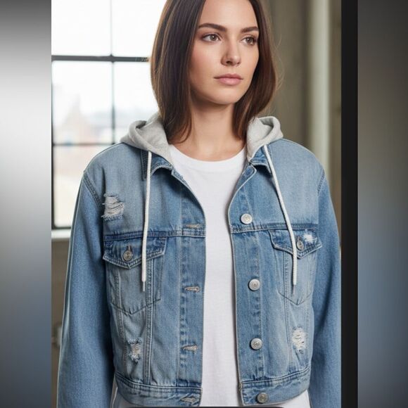 Wallflower Jackets & Blazers - Wallflower Light Blue Denim with Cream Hoodie size Large